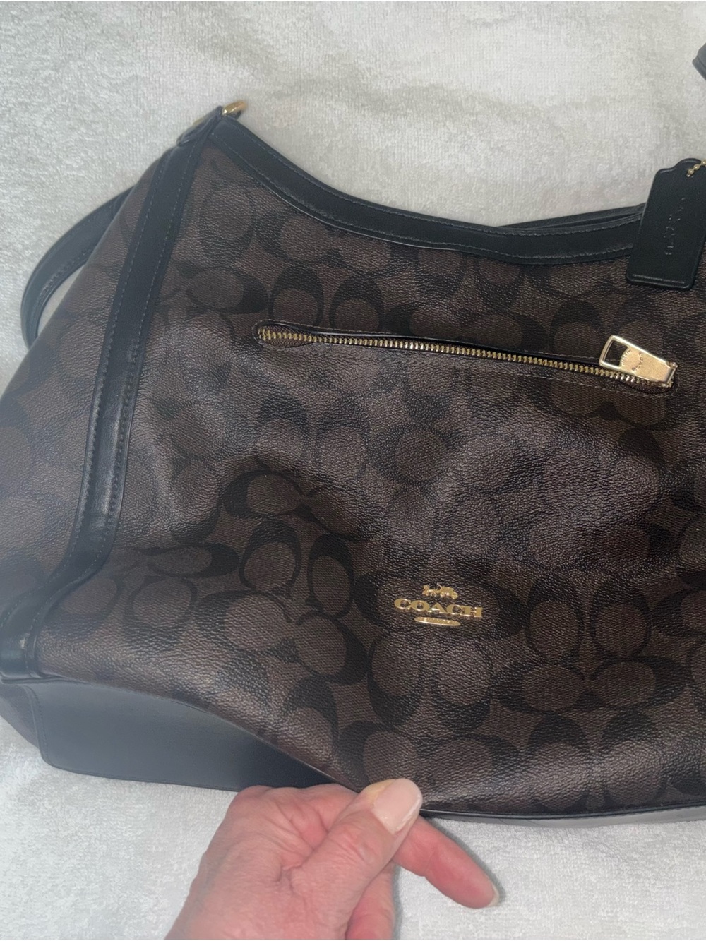Coach Brown Signature Canvas Shoulder Bag with Black Trim
